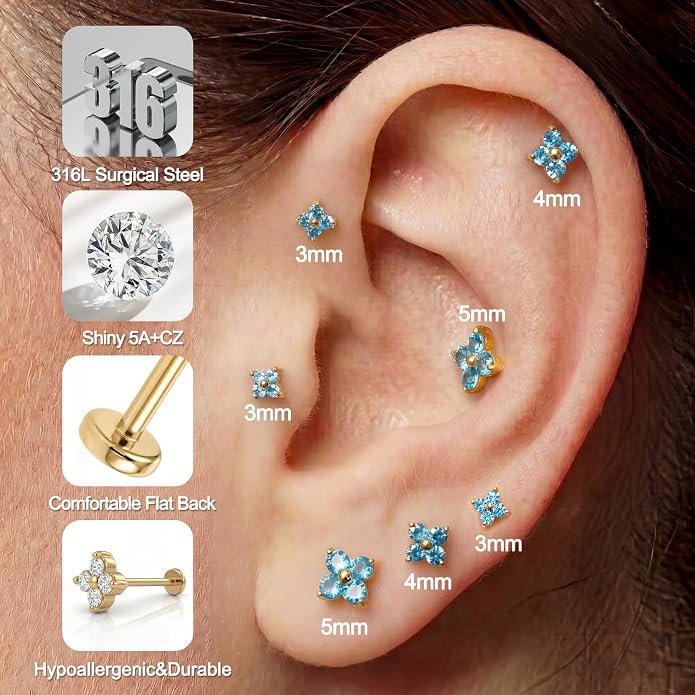 FANSING Short Threadless Cartilage Earring Stackable CZ Birthstone Flat Back Earrings for Women Small Stud Earrings for Tragus Helix Earlobe 18K Gold Plated ‌Rainbow 5.0mm