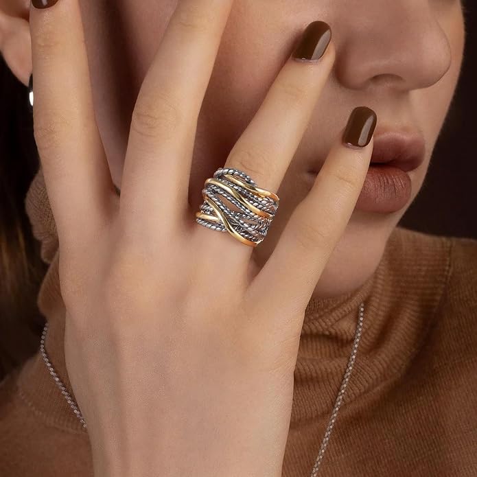 Mytys Wide Band Rings Twisted Rope Ring Two-Tone Mixed Metal Braided Statement Rings Fashion Jewelry for Women