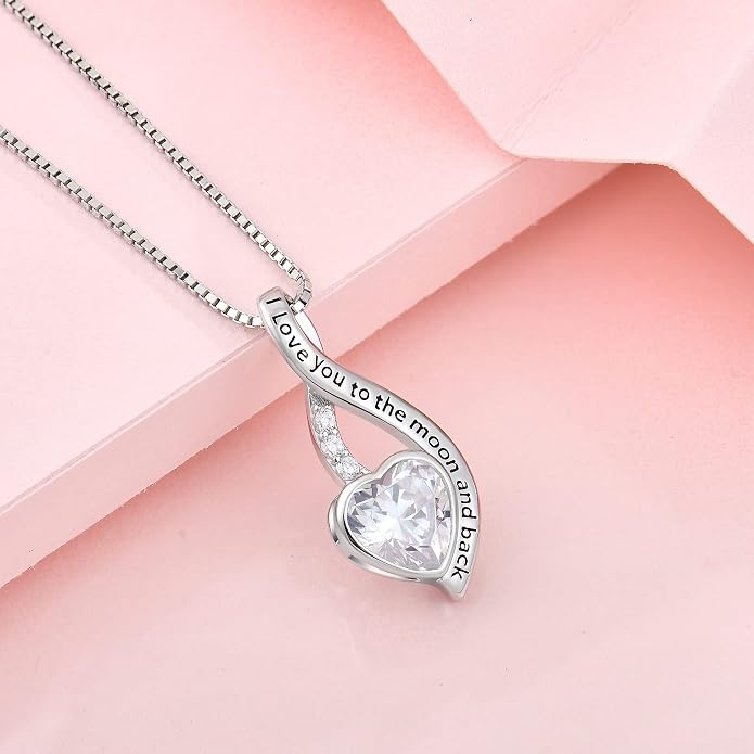 I Love You to The Moon and Back Necklace for Women, 925 Sterling Silver Heart Birthstone Pendant Necklace Jewelry Anniversary Birthday Gifts for Girls Women Wife Mom Daughter