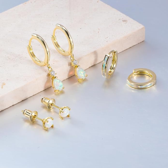 CiNily Opal Earrings Set for Women Hypoallergenic, Opal Stud Huggie Hoop Earrings Silver/Rose Gold Plated Dainty Hoop Huggie Silver Dangle Earring Stacks, Gold Jewelry