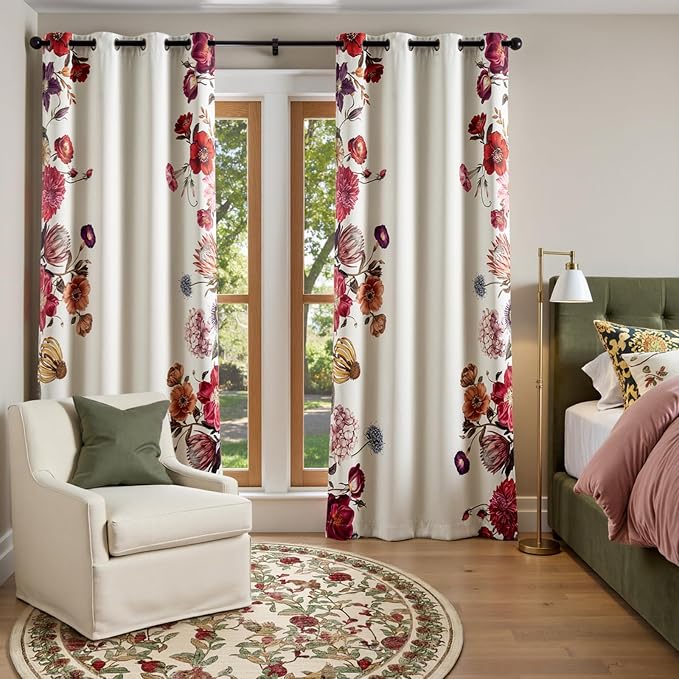jinchan Beige Floral Blackout Curtains 84 Inch Vintage Grommet 2 Panels | Room darkening, privacy, vibrant flower print, retro boho bohemian drapes, bedroom, living room, fall decor, window treatment
