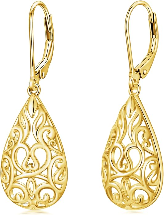 VONALA Filigree Teardrop Earrings for Women Sterling Silver Filigree Teardrop Dangle Earrings Filigree Leverback Earrings for Women Birthday Gift