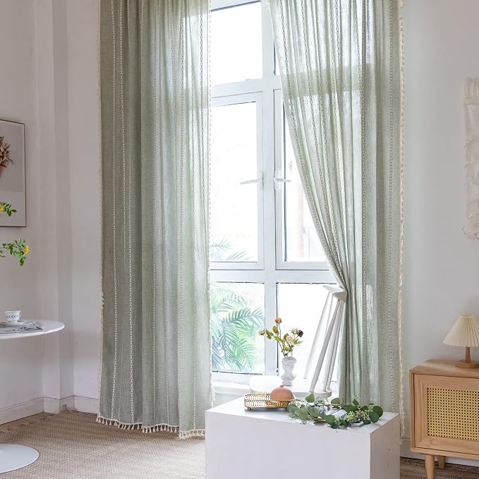 Boho Embroidery Striped Linen Curtains 84 Inches Long 2 Panels for Bedroom - Sage Green Country Farmhouse Bohemian Light Filtering for Living Room (52" W x 84" L)