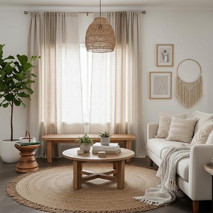 ColorBird Boho Curtains Linen-Textured for Living Room Bedroom 84 Inches Light Filtering Natral Brown Tan Farmhouse Embroidered Striped Curtains & Drapes for Dining Room Kitchen Window Treatment