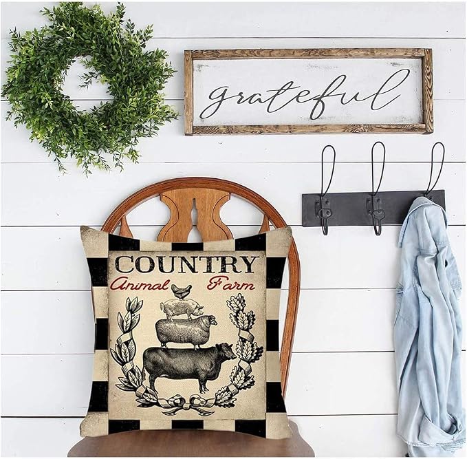 Rustic Farmhouse Pillow Covers Farm Animal Throw Pillow Case Buffalo Plaid Sheep Chicken Pig Cow Country Cushion Cover for Couch Sofa Cotton Linen 18x18 Set of 4
