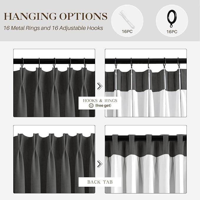 IVAPUPU Linen Pinch Pleated Full Blackout Curtains for Bedroom - 2 Pages Black Out Grey Curtains 63 Inch Long 2 Panel for Living Room Darkening Thermal Window Curtain Drapes with 16pc Hooks