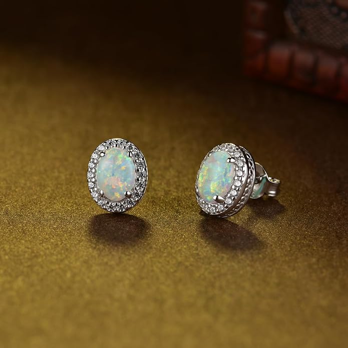 FANCIME Sterling Silver Oval Opal Ruby Necklace & White Opal Stud Earrings - October Birthstone Fine Jewelry for Women