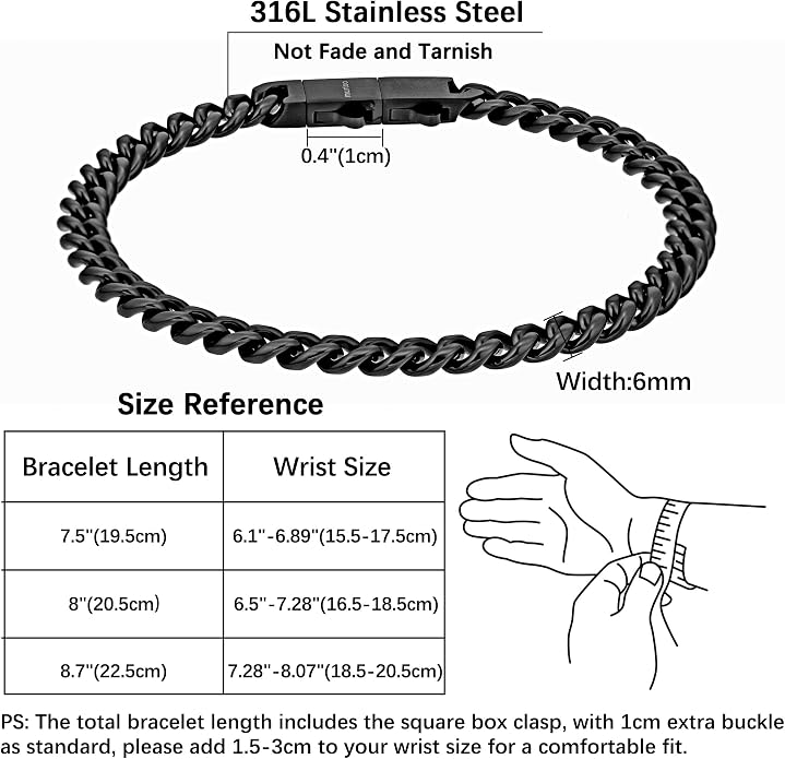 murtoo Mens Cuban Link Chain Bracelet, 6/8/12MM Stainless Steel Bracelets for Men Silver Black Gold, Hip Hop Link Bracelet with Detachable Clasp Gift for Men Him