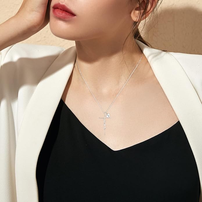 PRAYMOS Faith Cross Necklace for Women 925 Sterling Silver Pendant Necklace With Birthstone Initial Christian Religious Confirmation Baptism Mothers Day Gifts
