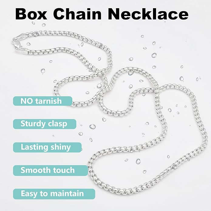 925 Sterling Silver Box Chain Lobster Clasp 2/3/4/5mm Necklace for Women Mens Box Chain Silver/14K Gold Plated Plated Necklace Chain Diamond Cut 16-30 Inches