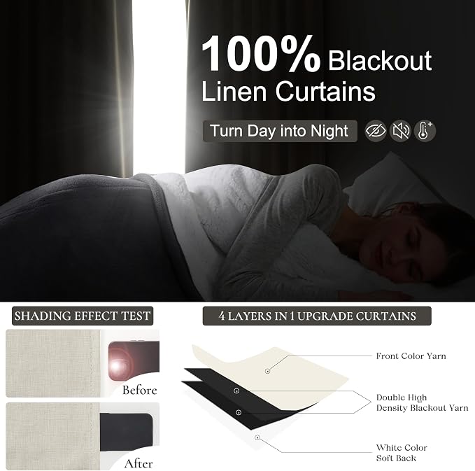 Cute Blackout Curtains 60 Inches Extra Wide Linen 92 Inch Length for Living Room/Sliding Glass Door,Pleated Heavy Duty Thermal Drapes for Winter Thick Large Window(60"Wx92"L 2 Panels Warm Cream)