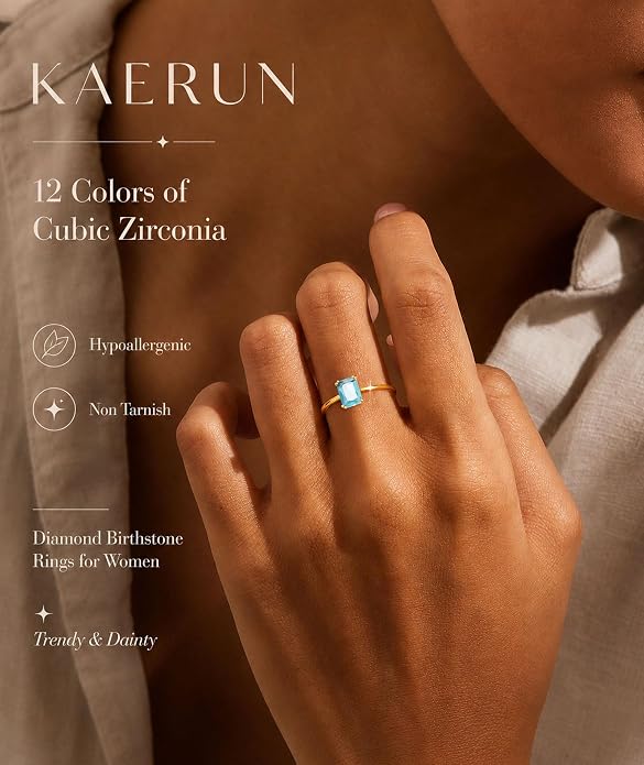 KAERUN Gold Birthstone Rings for Women Non Tarnish 14K Gold Plated Stackable CZ Thumb Eternity Rings Dainty Emerald Green Gemstone Engagement Ring for Mother Lover Birthday Jewelry Gifts Size 6-10