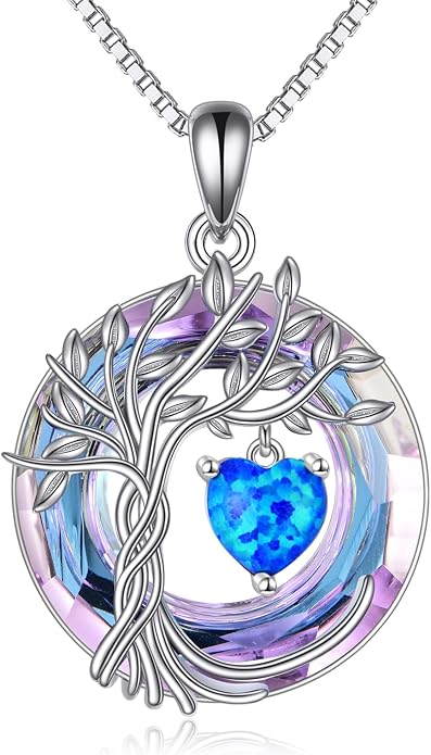 POPLYKE Mothers Day Gifts for Mom Her Wife Tree of Life Necklace 925 Sterling Silver Birthstone Pendant with Crystal Anniversary Birthday Wedding Jewelry for Women