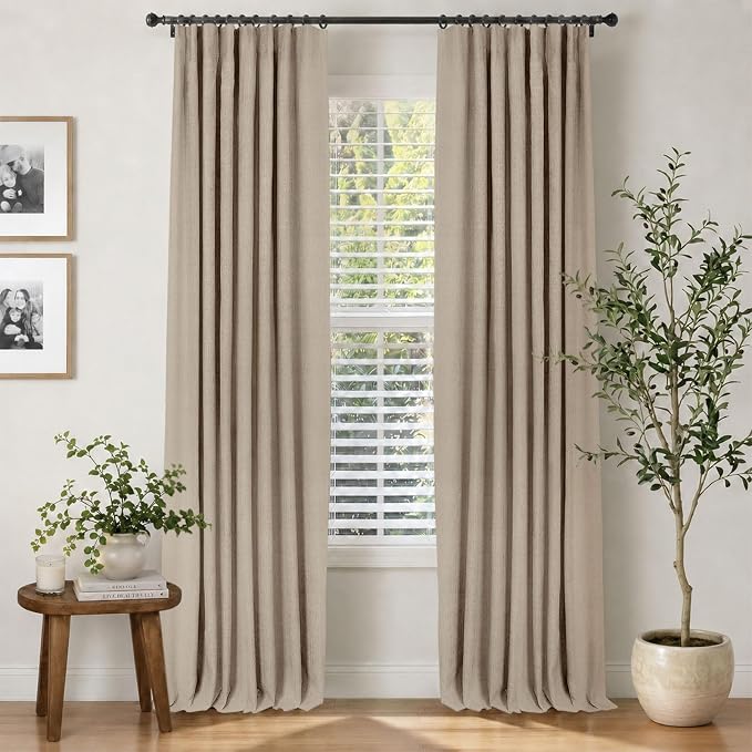 INOVADAY 100% Blackout Curtains for Bedroom, Burlywood Birch Black Out Curtains 90 Inch Long, Clip Rings Linen Blackout Drapes, Thermal Insulated Room Darkening for Living Room, 2 Panels - W50xL90