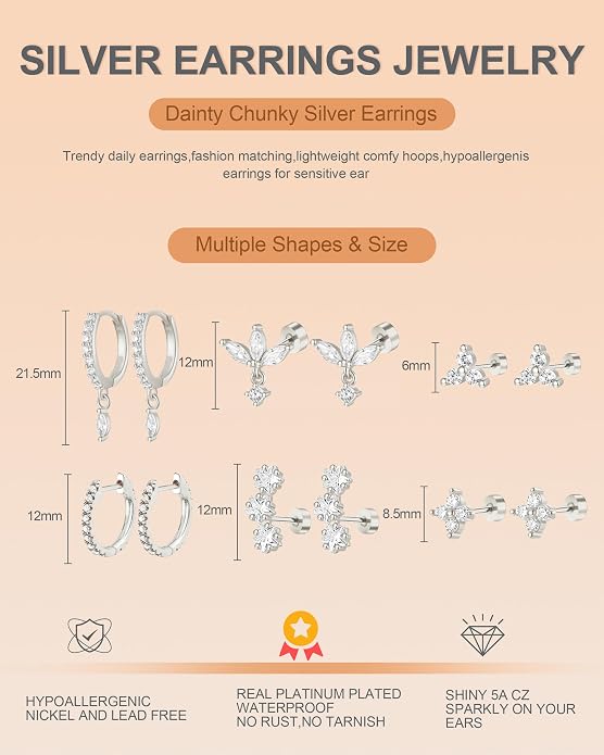 14K Gold Plated Dainty Stud Hoop Earrings for Women 6 Pairs Huggie Hypoallergenic Silver Gold Flat Back Cartilage Stud Earrings Set for Multiple Piercing Luxury Cubic Zirconia Drop Earrings Jewelry Trendy Gifts