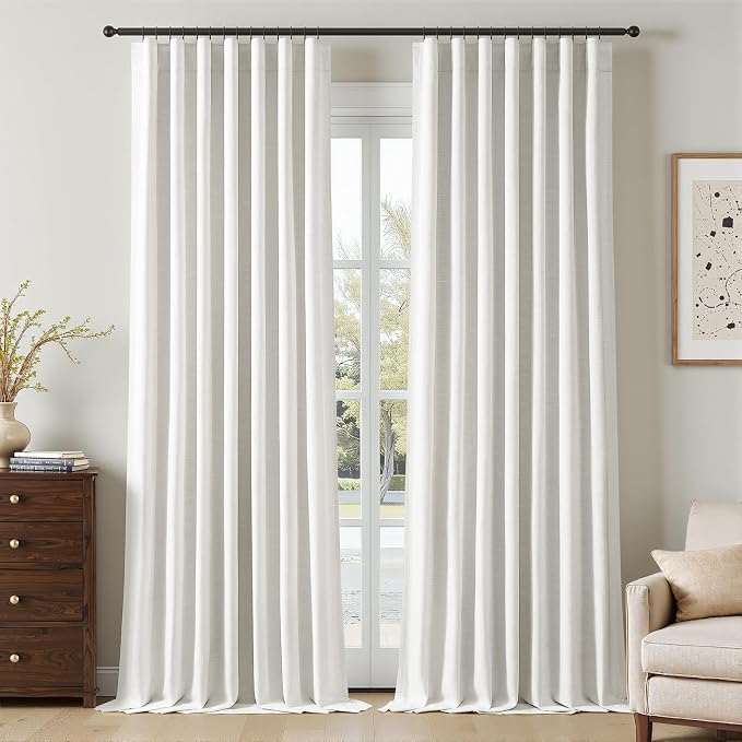 Topfinel Beige White 100% Blackout Flax Linen Curtains & Drapes, 96 Inch Long 2 Panels Set Pleated Thermal Blackout Curtains, Rustic Farmhouse Back Tab Bedroom Curtains Oyster White 52" W*96" L