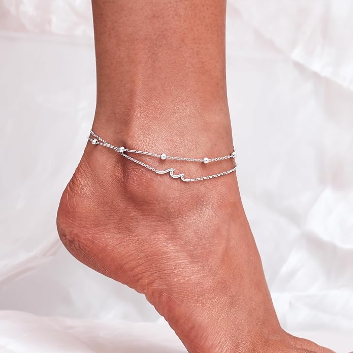 CHIC & ARTSY 925 Sterling Silver Ankle Bracelets for Women, Adjustable Layered Foot Chains with Nature & Symbol Charms, Lightweight Comfort Fit Boho Beach Everyday Jewelry
