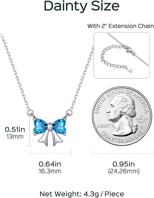 ChicSilver Bow and Cat Birthstone Necklace, 925 Sterling Silver Pendant Necklaces for Women, Hypoallergenic Silver Choker with 16 inch Rolo Chain, 12 Months Jewelry for Valentines Mothers Day Christmas