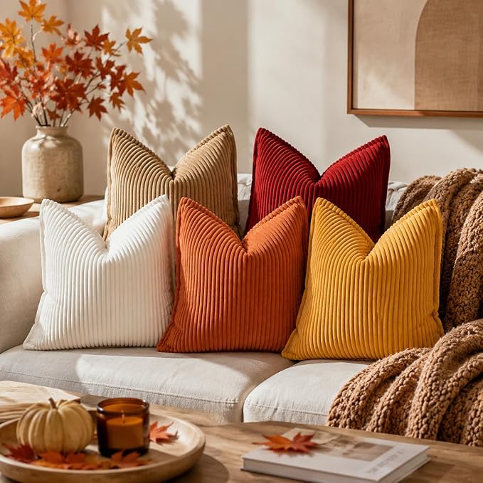 decorUhome Fall Corduroy Rust Throw Pillow Covers 20x20 Set of 2 | Couch Decorative Soft Modern Boho Farmhouse Pillow Covers Broadside Striped Pillow Cases for Living Room Bed Sofa