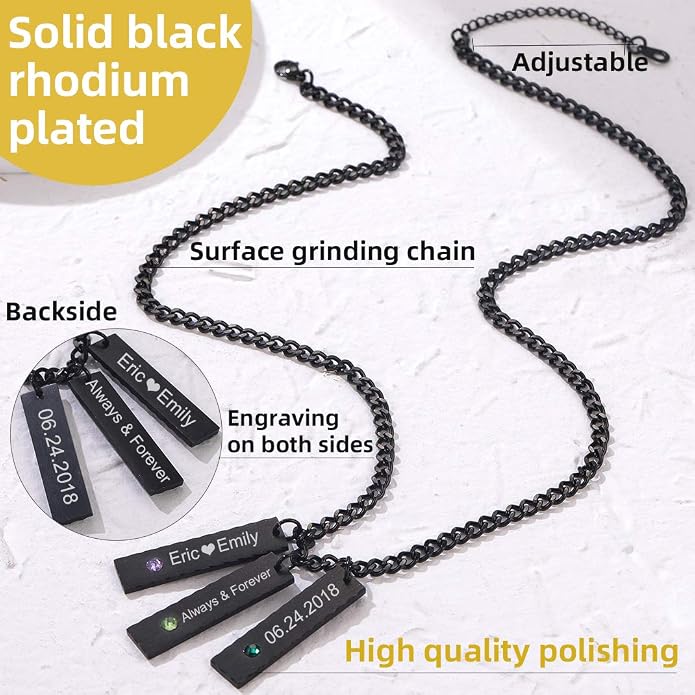 GOLDCHIC JEWELRY Personalized Birthstone Name Necklaces for Men Women, Engraved Family Names Necklace with Birthstone Vertical Bar Necklace, Pendant for Husband/Father/Grandma/Wife Birthday Gifts
