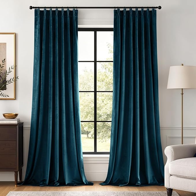 MIULEE Peacock Blue Velvet Curtains 84 inches Long, Pinch Pleated Blackout Drapes with Hooks, Thermal Insulated Pinch Pleat Panels for Bedroom Living Room, 2 Panels