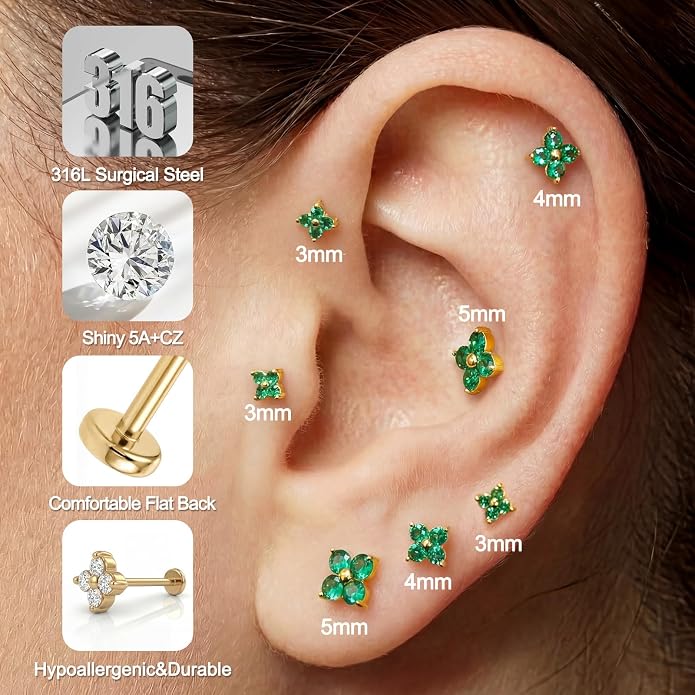 FANSING Short Threadless Cartilage Earring Stackable CZ Birthstone Flat Back Earrings for Women Small Stud Earrings for Tragus Helix Earlobe 18K Gold Plated ‌Rainbow 5.0mm