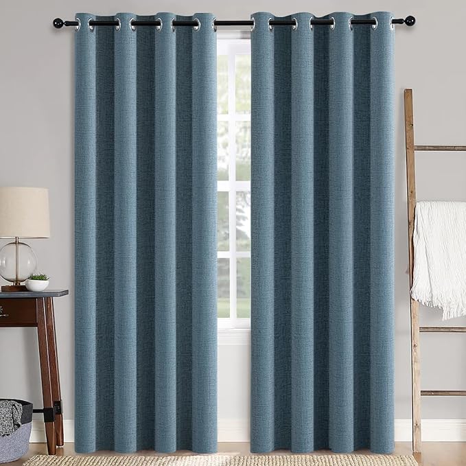 MIULEE Linen Texture Curtains for Bedroom Solid 100% Blackout Thermal Insulated Dusty Blue Curtains Grommet Room Darkening Curtains/Draperies for Living Room 52x108 Inch (2 Panels)