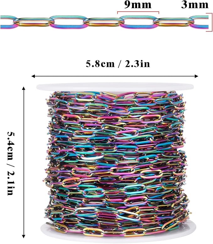 [33 Ft] Stainless Steel Paperclip Chains Roll, 3mm Width Rainbow Plated Stainless Steel Oval Link Chains Spool Bulk for Jewelry Making