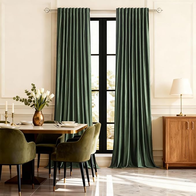 PRIMROSE Full Blackout Olive Green Velvet Curtains 102 inch Long for Living Room,2 Liner Rod Pocket Back Tab Thermal Window Curtains Room Darkening Heavy Decorative Curtain Drapes for Bedroom