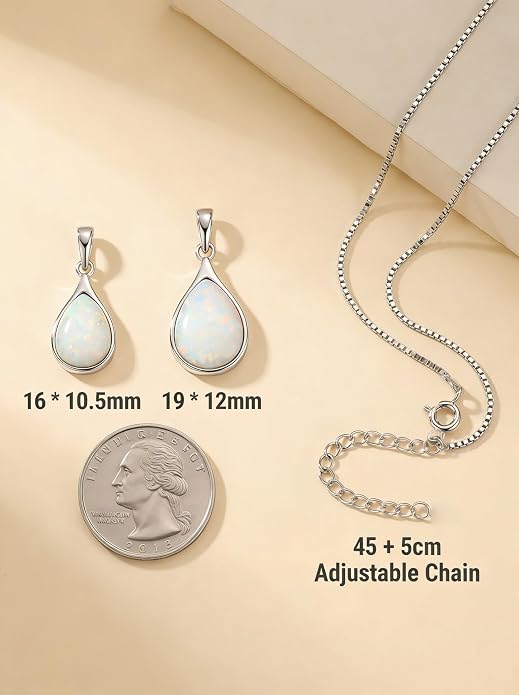 Teardrop Opal Necklace for Women - 925 Sterling Silver October Birthstone Pendant Necklace, Dainty Pear Shape Gemstone Jewelry Gif for Her, Adjustable Box Chain