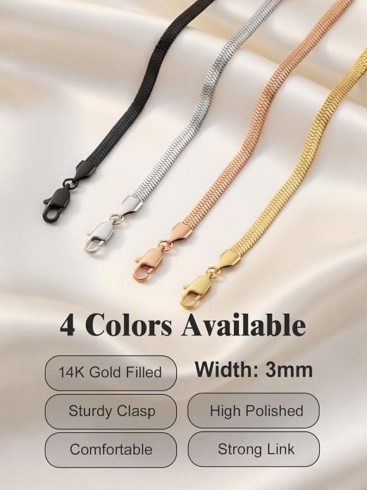 FOCALOOK 14K Gold Plated Necklaces for Women, Fashion Herringbone Choker Necklace Stainless Steel Flat Snake Chain 3/5MM(W) 12.5"/15"/18"+3.5"(L)