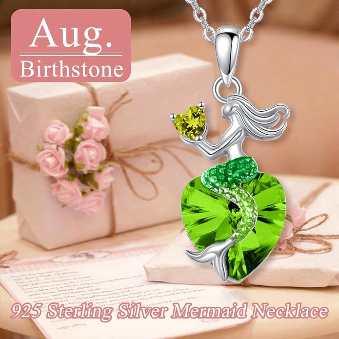 Mermaid Birthstone Necklace for Women 925 Sterling Silver Jewelry Austrian Crystal Pendant Christmas Gifts for Her
