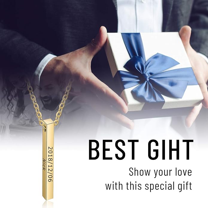 LanM Gifts for Dad Father's Day Gifts Personalized Mens Necklace Custom Name Necklaces for Men Bar Necklace for Women Engraved Initial Name Vertical Bar Necklace for Father