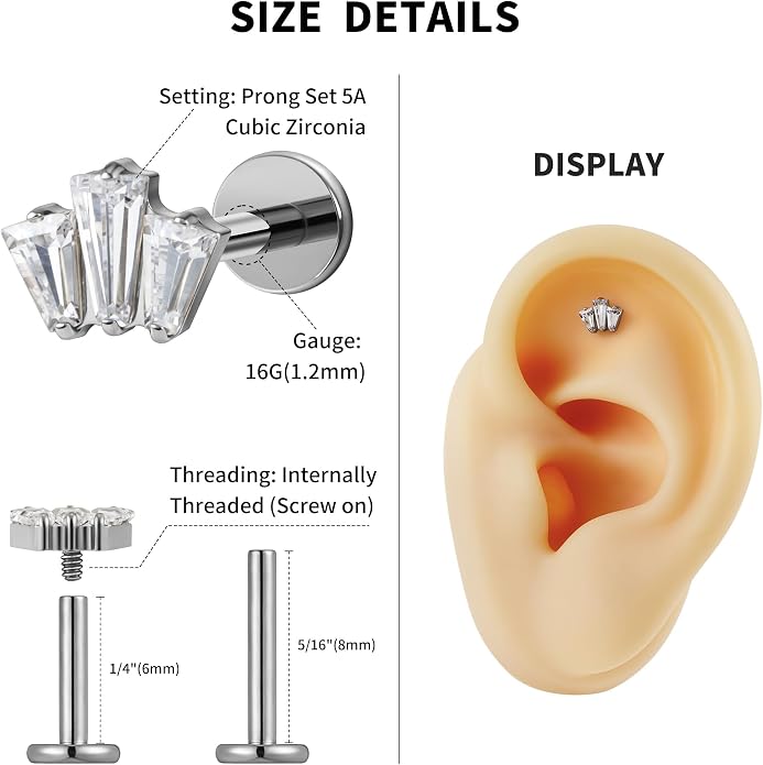 FINE4U 1PC 16G Gold Cartilage Earring 6mm 8mm - ASTM F136 Titanium Piercing Jewelry for Tragus, Helix Conch, Internally Threaded