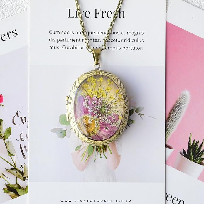 Vintage Photo Locket Necklace Handmade Pressed Flower Locket Necklace for Women