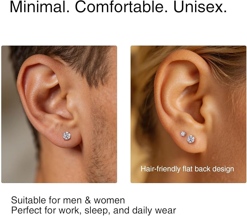 Moissanite Flat Back Earrings for Sensitive Ears | Implant Grade F136 Titanium Studs for Women Men | 18K White Gold Plated Hypoallergenic Sleep In Cartilage Lobe Piercing Jewelry, D Color VVS1 (3mm 4mm 5mm)
