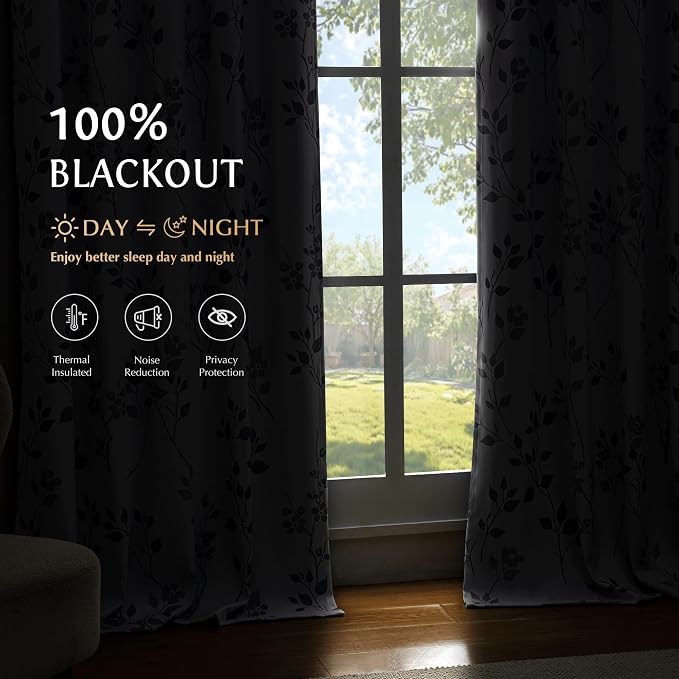 Beauoop Floral 100% Blackout Curtains for Bedroom Grey White 52X63 2 Panels | Flower Patterned Room Darkening Drapes for Living Room 63 Inch Long Thermal Insulated Soundproof Window treatment Rod Pocket