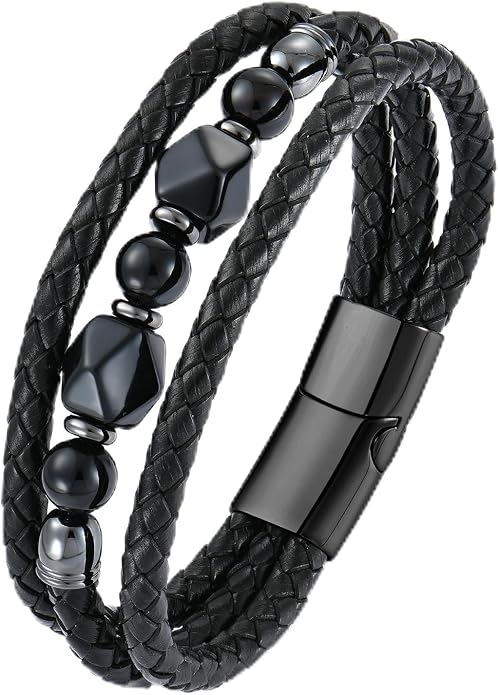 Mens Turquoise/Lapis Lazuli/Tiger Eye/Black Agate/Obsidian Leather Braided Bracelets for Father's Day/Birthdays/Graduation Jewelry Wristband Cuff Bracelet with Stainless Steel Clasp