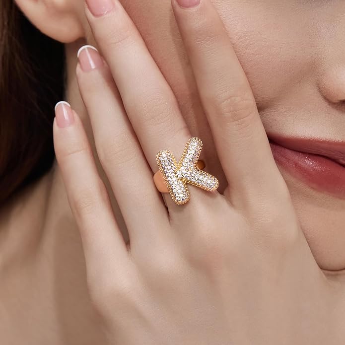 Cicy Bell Initial Rings for Women 14k Gold Plated Cubic Zirconia Delicate Letter Chunky Statement Open Rings Gifts for Her