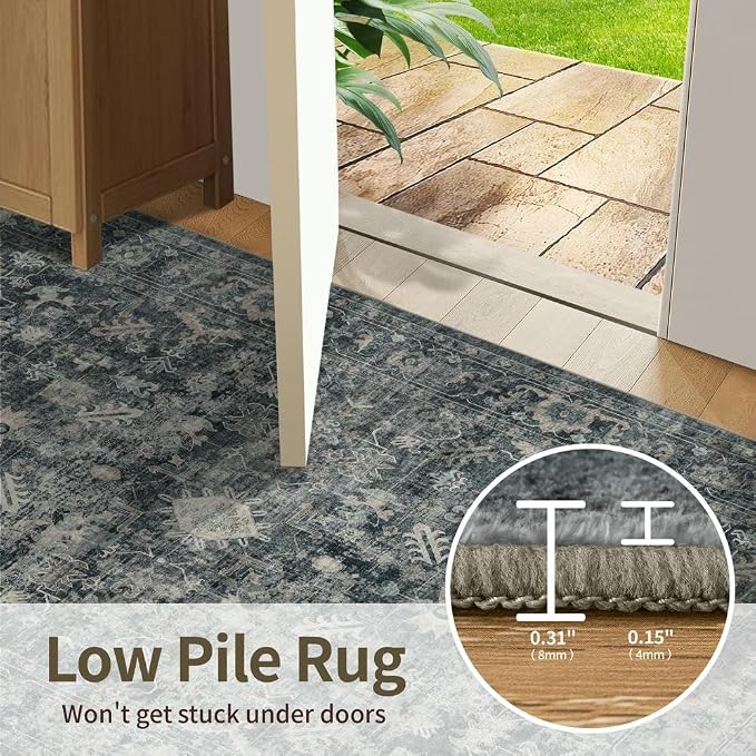 Rugxara Blue 10x14 Area Rugs for Living Room Bedroom Large Washable Rug | Non Slip, Rug for Dining Room Office Farmhouse, Stain Resistant, Soft, Low Pile, Vintage Boho Carpet, Home Decor