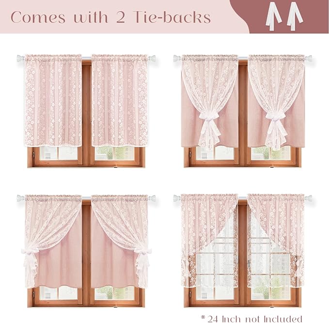 ASPMIZ Linen Pink Kitchen Tier Curtains 36 Inch Length, Double Layered Kitchen Curtain with Linen and Lace, Rod Pocket Window Curtains with Tiebacks, Boho Window Treatments for Bathroom Cafe, 2 Panel