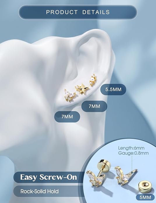 ORAZIO 925 Sterling Silver Flat Back Stud Earrings for Women Hypoallergenic 14K Gold Plated Cartilage Earrings for Sensitive Ears Small CZ Opal Conch Helix Tragus Piercing Jewelry 3 Pairs 20G
