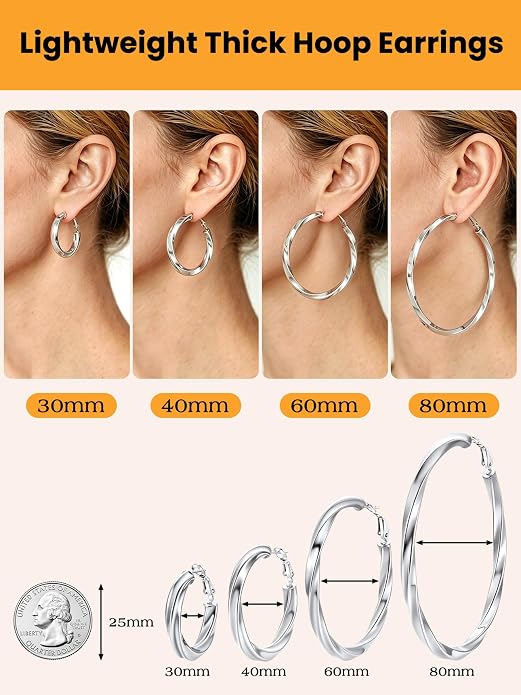 Bestyle 5mm Thick Gold Hoop Earrings Hypoallergenic Hoops for Sensitive Ears Trendy Lightweight Chunky Earrings for Women 30/40/60/80mm