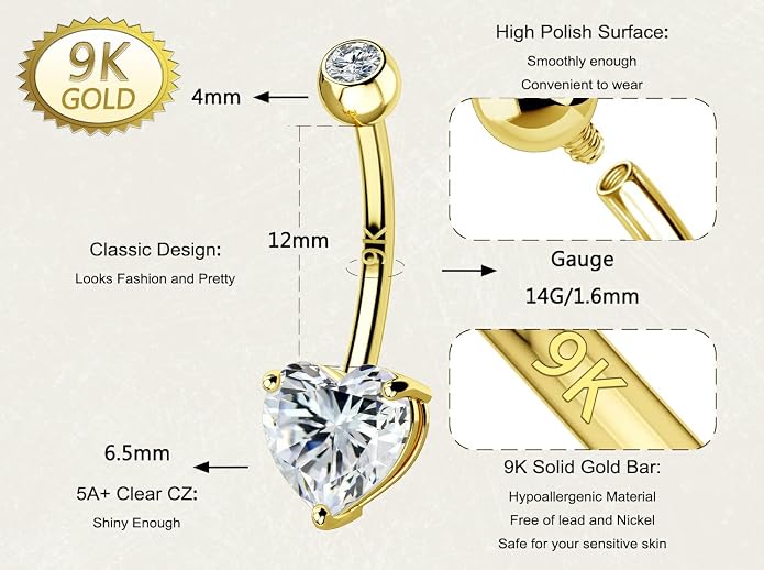 OUFER 14G Belly Rings, 9K Solid Gold Belly Button Rings, Heart Navel Rings, Internally Threaded Long Belly Piercing Jewelry for Women and Men