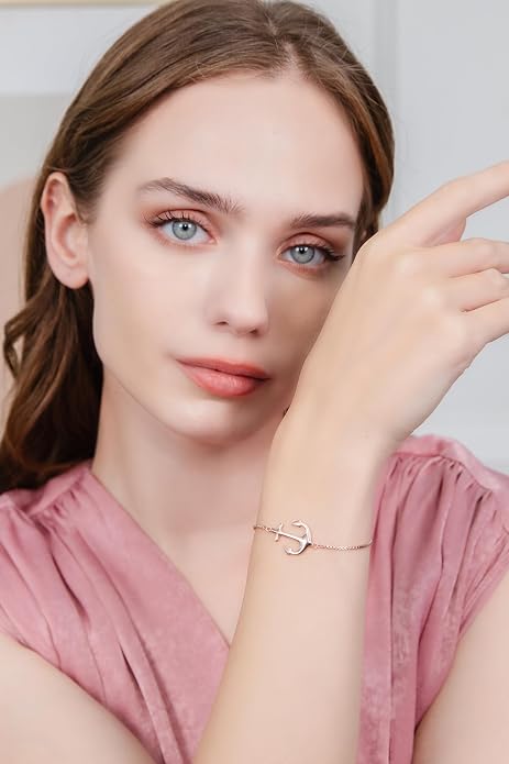 Hoops & Loops 925 Sterling Silver Sailor Anchor High Polished Hypoallergenic Anti-Tarnish Adjustable Bracelet for Women Men, Silver, Yellow Gold & Rose Gold