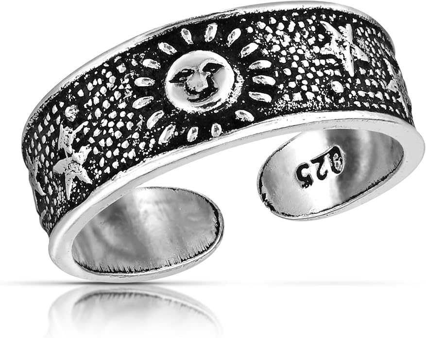 AeraVida .925 Sterling Silver Adjustable Toe Ring or Pinky Ring 5mm Wide Open Band, Stackable Minimalist Summer Foot Jewelry | Sun Moon Star Turtle Butterfly Leaf Olive Branch Ocean Wave Yin Yang Design