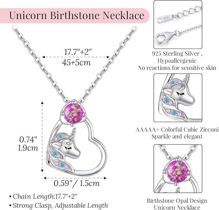 CDE Christmas Gift for women Cute Unicorn Birthstone Necklace for Girls Daughter 925 Sterling Silver Opal Heart Pendant Graduation Birthday Christmas Jewelry Gift for Teenage Girls Niece