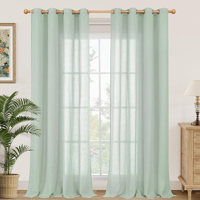 YoungsTex 90 Inches Length Linen Curtains for Living Room 2 Panels, Grommet Sage Green Textured Natural Drapes Light Filtering for Dining Bedroom Farmhouse Lightweight, 52 X 90 Inch