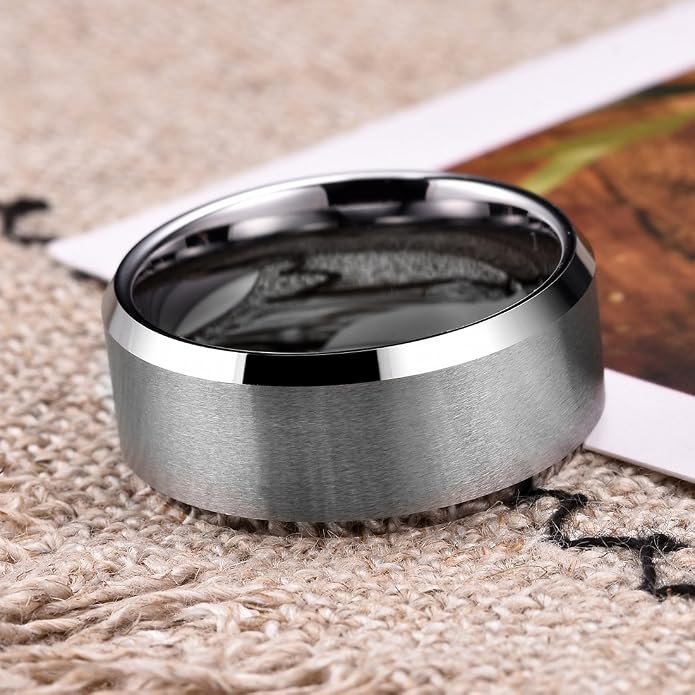 King Will Tungsten Men's Wedding Ring - Available in 6mm to 10mm, Black/Silver, Matte Finish, Beveled Polished Edge, Comfort Fit
