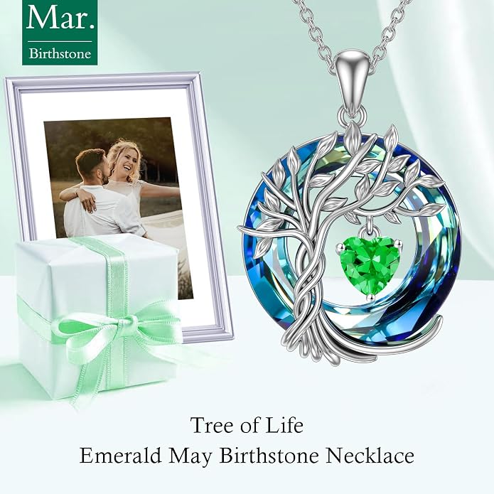 TOUPOP Tree of Life Birthstone Necklaces 925 Sterling Silver Irish Celtic Tree Pendant with Blue Crystal Birthday Jewelry Gifts for Women Mom Wife Her